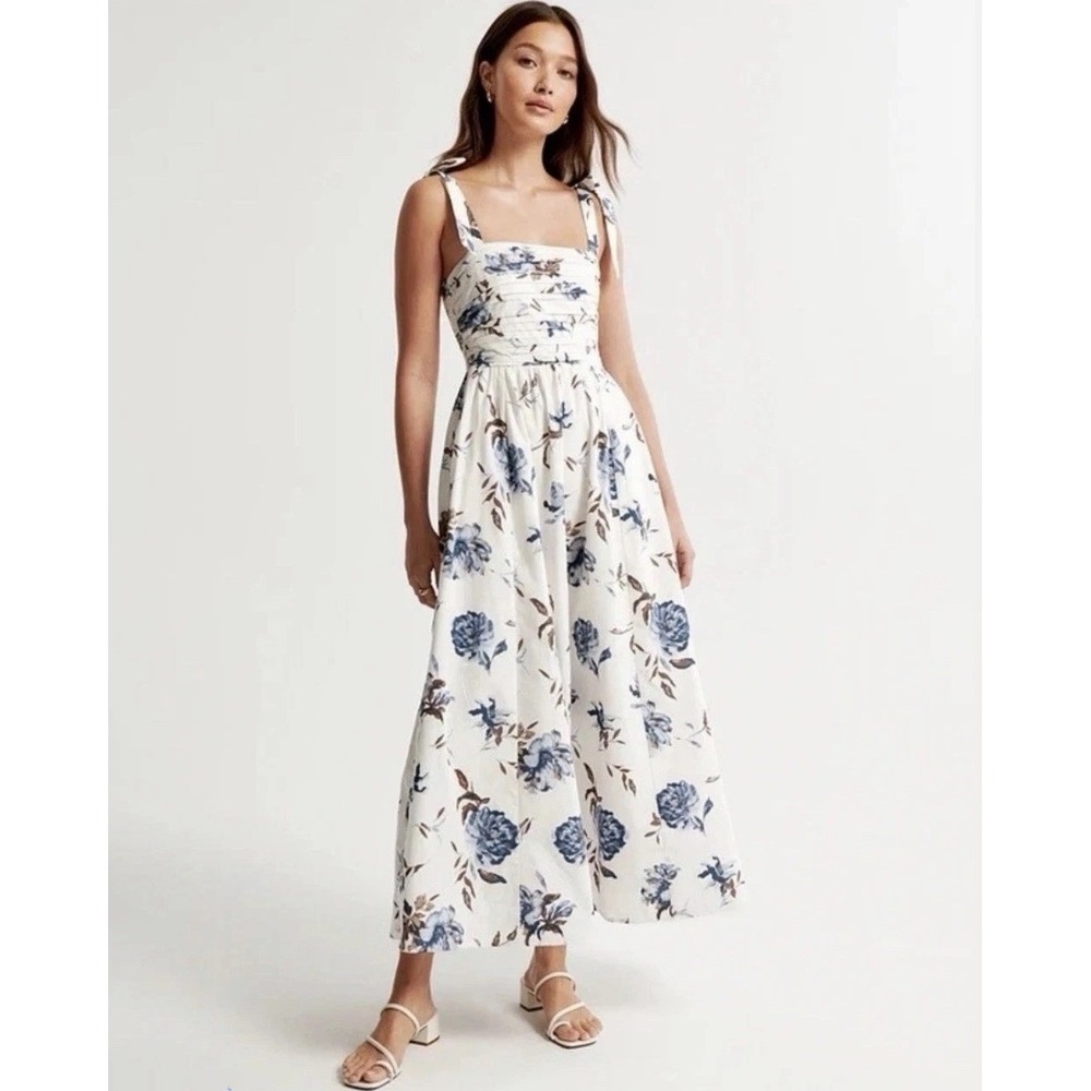 Abercrombie & Fitch Floral Midi Dress Womens S White Blue Excellent Tie Strap